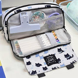 Trousse chat kawaii ouverte avec stylos et accessoires rangés
